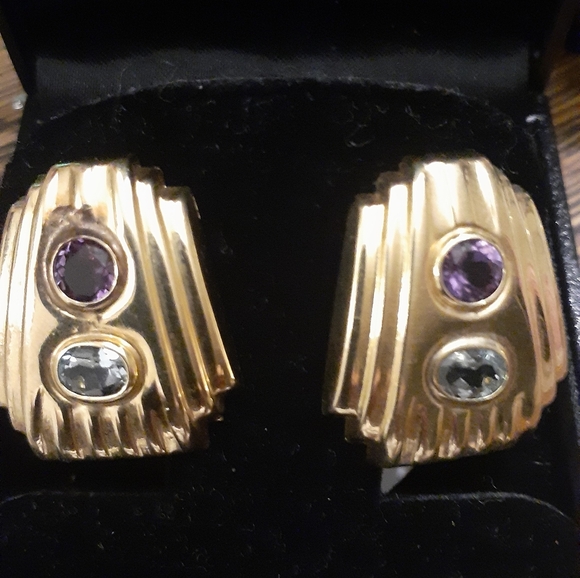 14K YELLOW GOLD BLUE TOPAZ/ AMETHYST EARRINGS NWT - Picture 2 of 7